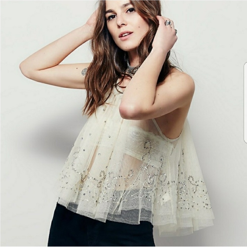 NWT Free People Cream Mesh Sequin Sparkle Swing Tank